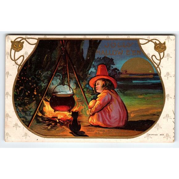 Vintage 1913 Halloween Postcard Witch Cauldron Black Cat Divided Back - Picture 1 of 2